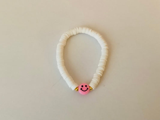 Pink & White Smiley Face Clay Beaded Bracelet