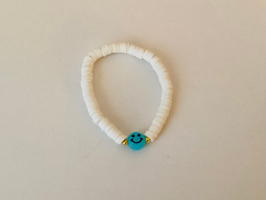 Light Blue & White Smiley Face Clay Beaded Bracelet