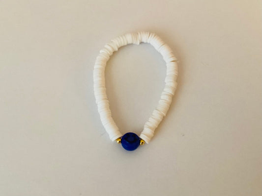 Dark Blue & White Smiley Face Clay Beaded Bracelet