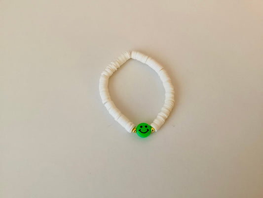 Green & White Smiley Face Clay Beaded Bracelet