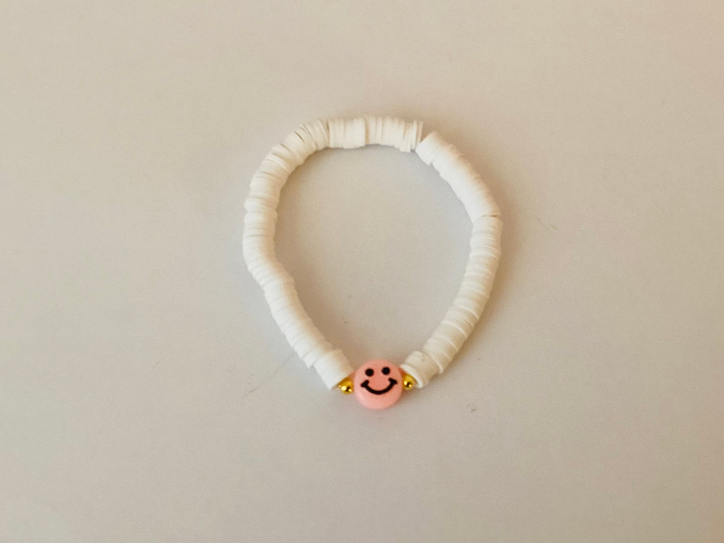 Peachy Pink & White Smiley Face Clay Beaded Bracelet