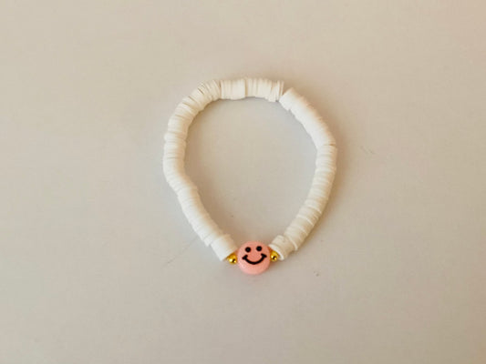 Peachy Pink & White Smiley Face Clay Beaded Bracelet